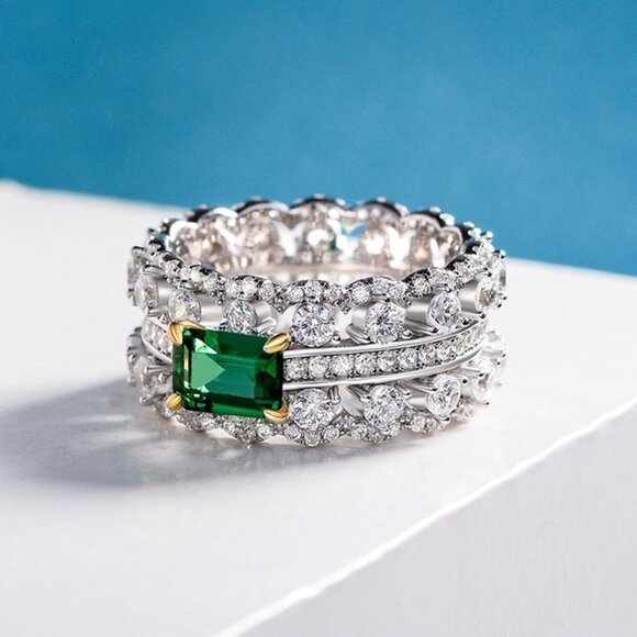 Noble Density Diamond Inlaid Luxury Emerald CZ Ring for Women, HA4406-6 - Picture 1 of 6